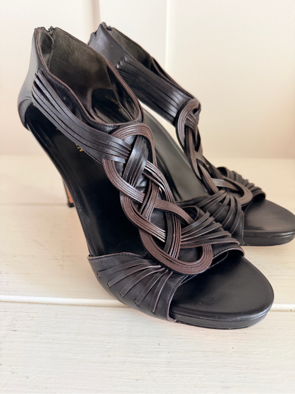 Cole Haan Vivian Air Braided T-Strap Heeled Sandals Black Brown Leather Size 10B